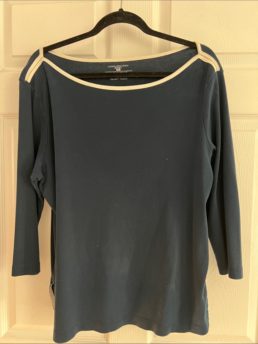 Jones New York Navy Long-Sleeve Boatneck Top with Cream Trim